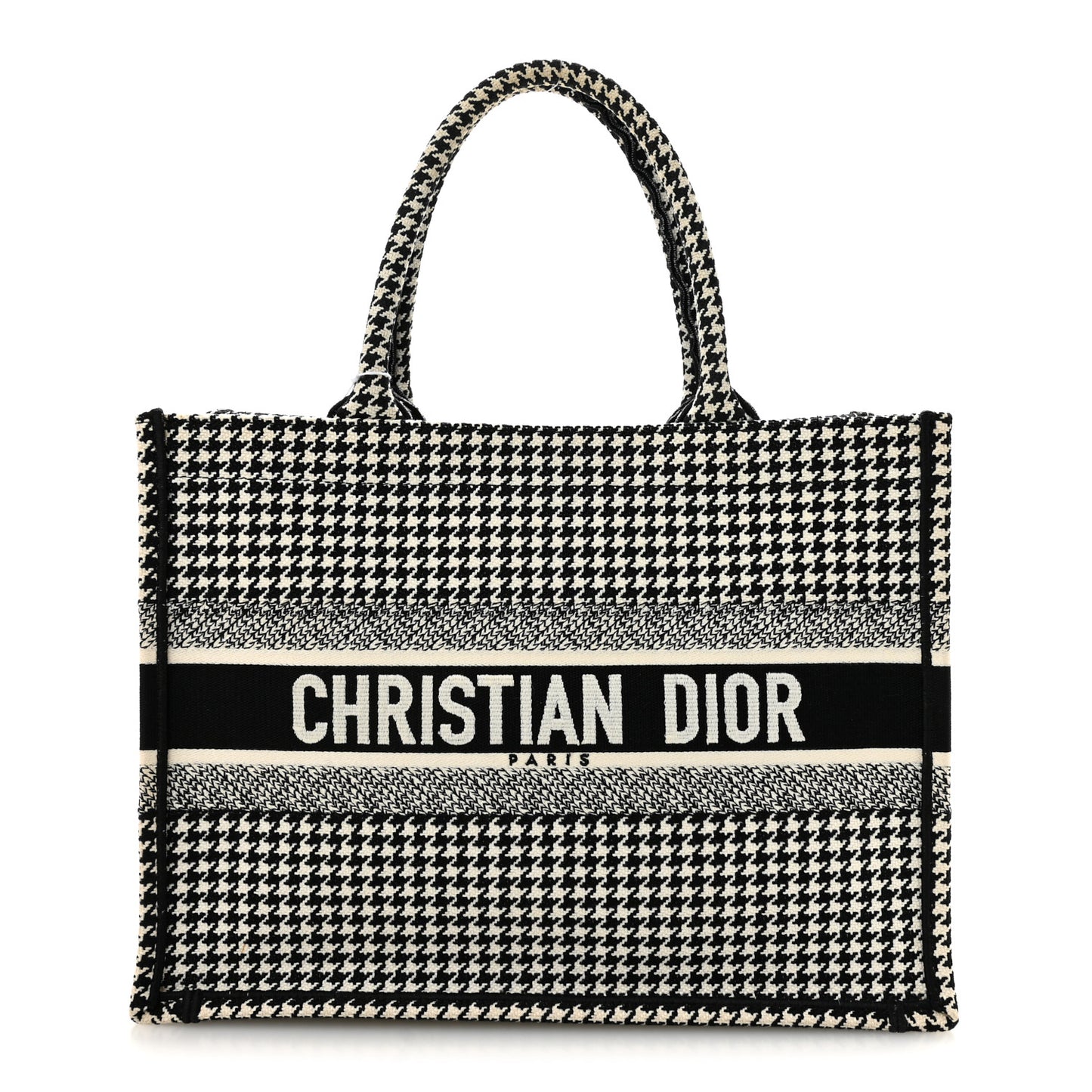 Canvas Houndstooth Embroidered Medium Book Tote Black White