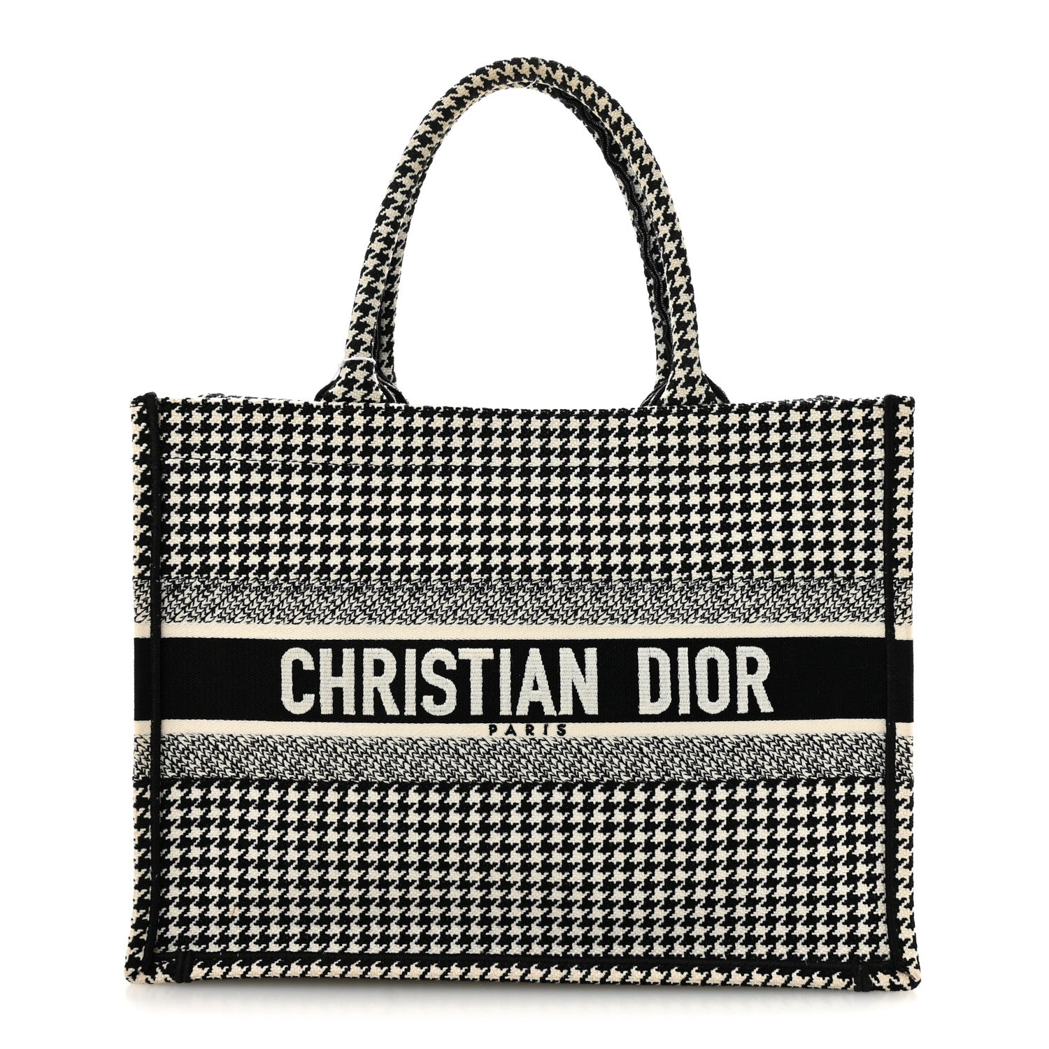 Christian Dior Canvas Houndstooth Embroidered Medium Book Tote Black White 1 of 14