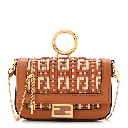 Fendi Nappa Vitello Grace Micro FF Intreccio Nano Baguette Charm Brandy Camelia 1 of 10