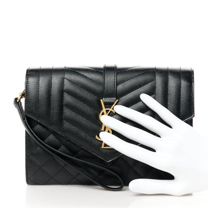 Saint Laurent Grain De Poudre Textured Mixed Matelasse Triquilt Monogram Clutch Black 2 of 8