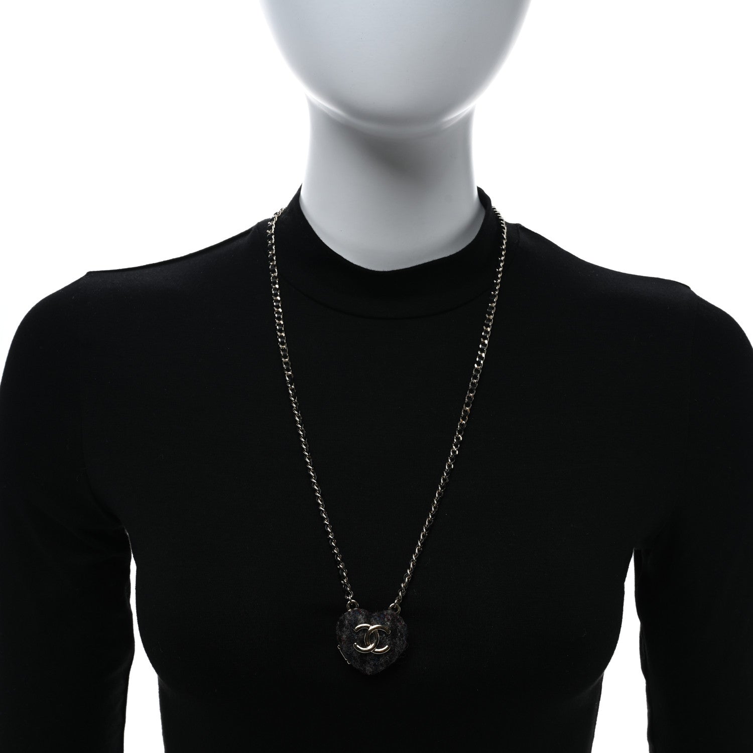 Chanel Lambskin Tweed CC Locket Pendant Necklace Grey Blue Black Gold 3 of 4