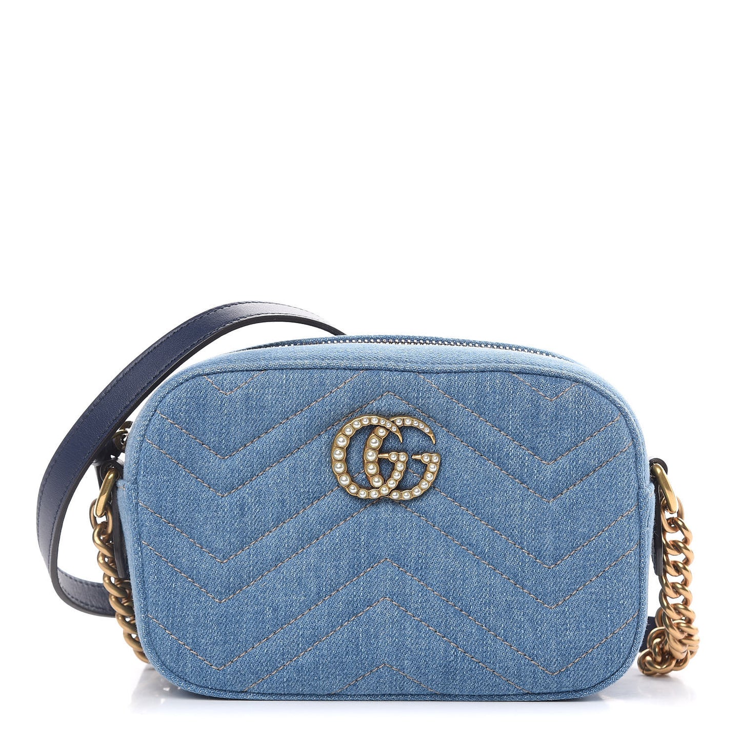Denim Matelasse Mini Pearly GG Marmont Chain Shoulder Bag Blue