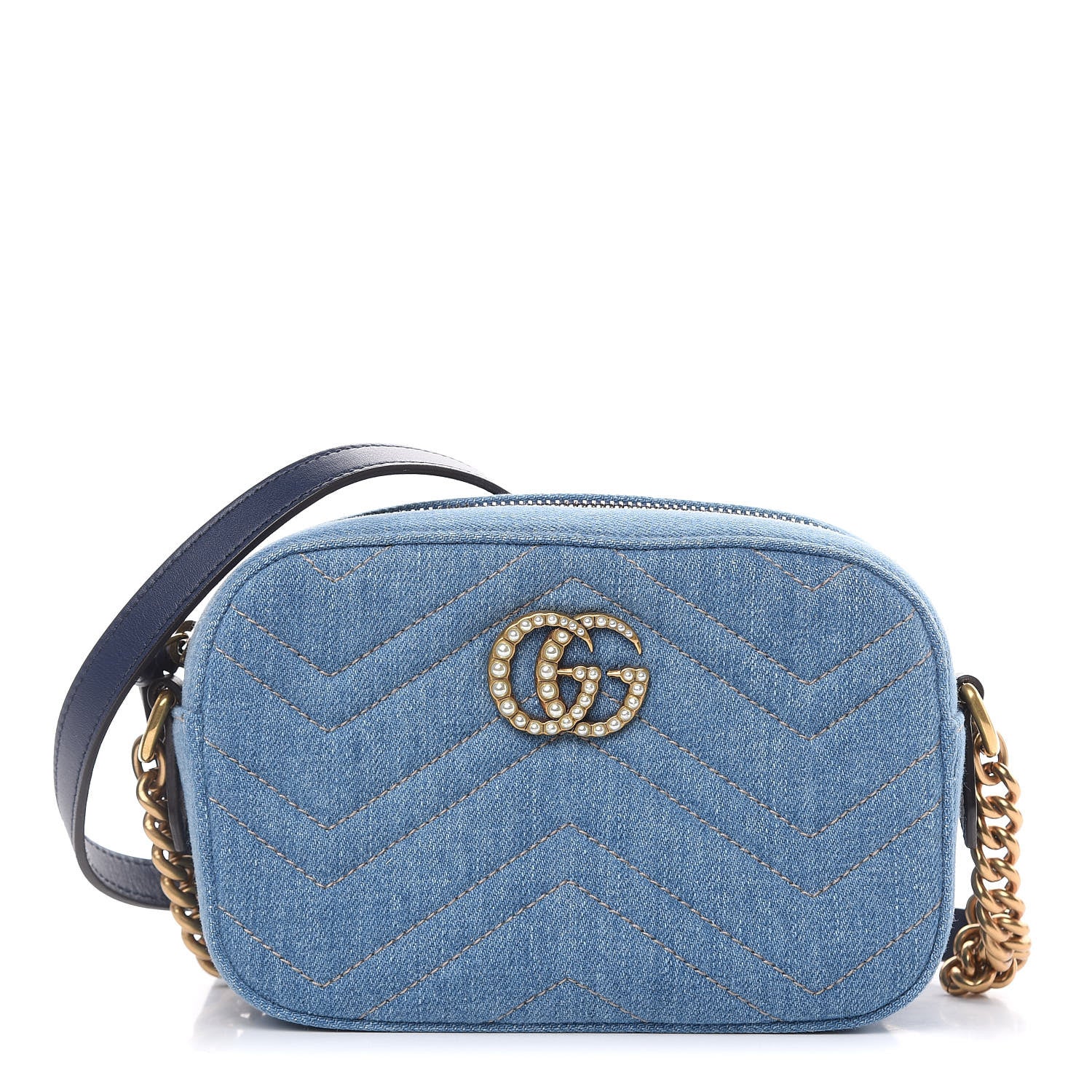 Gucci Denim Matelasse Mini Pearly GG Marmont Chain Shoulder Bag Blue 1 of 9