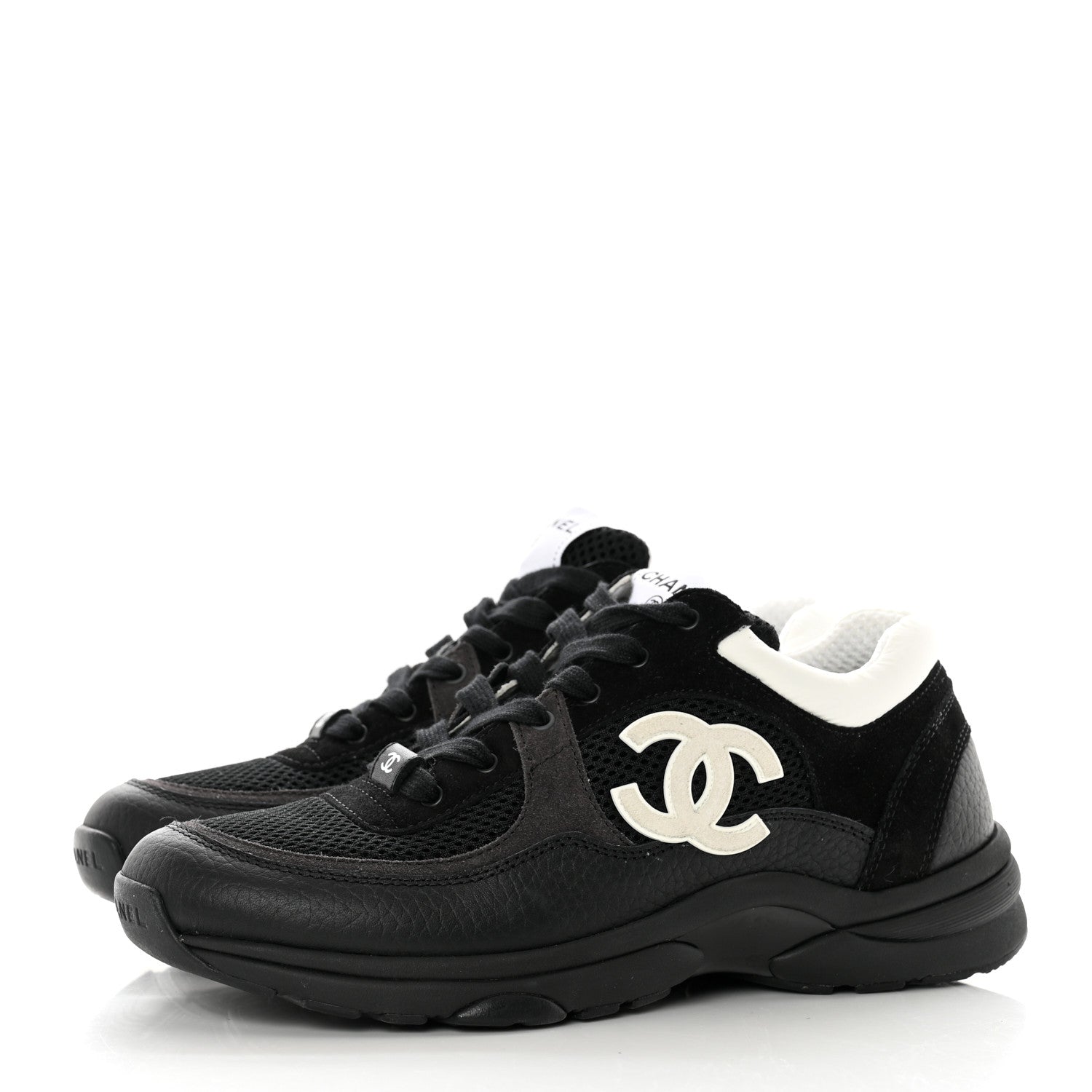 Chanel Mesh Suede Grained Calfskin Womens CC Sneakers 39 Black White 3 of 8