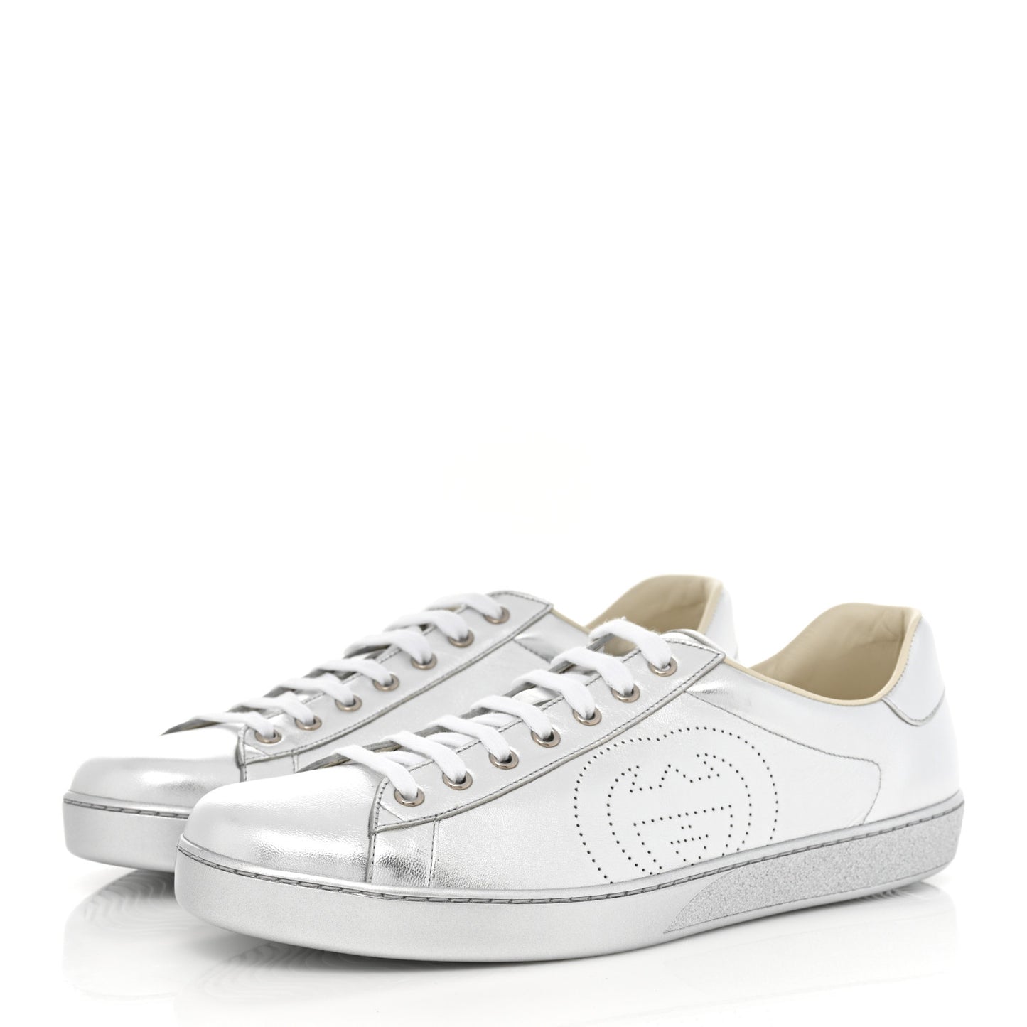 Metallic Nappa Interlocking G Perforated Mens Ace Sneakers 11.5 Argento