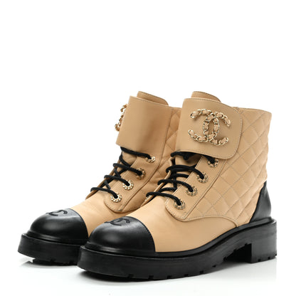 Chanel Lambskin Calfskin Quilted Lace Up Combat Boots 39 Beige Black 3 of 10