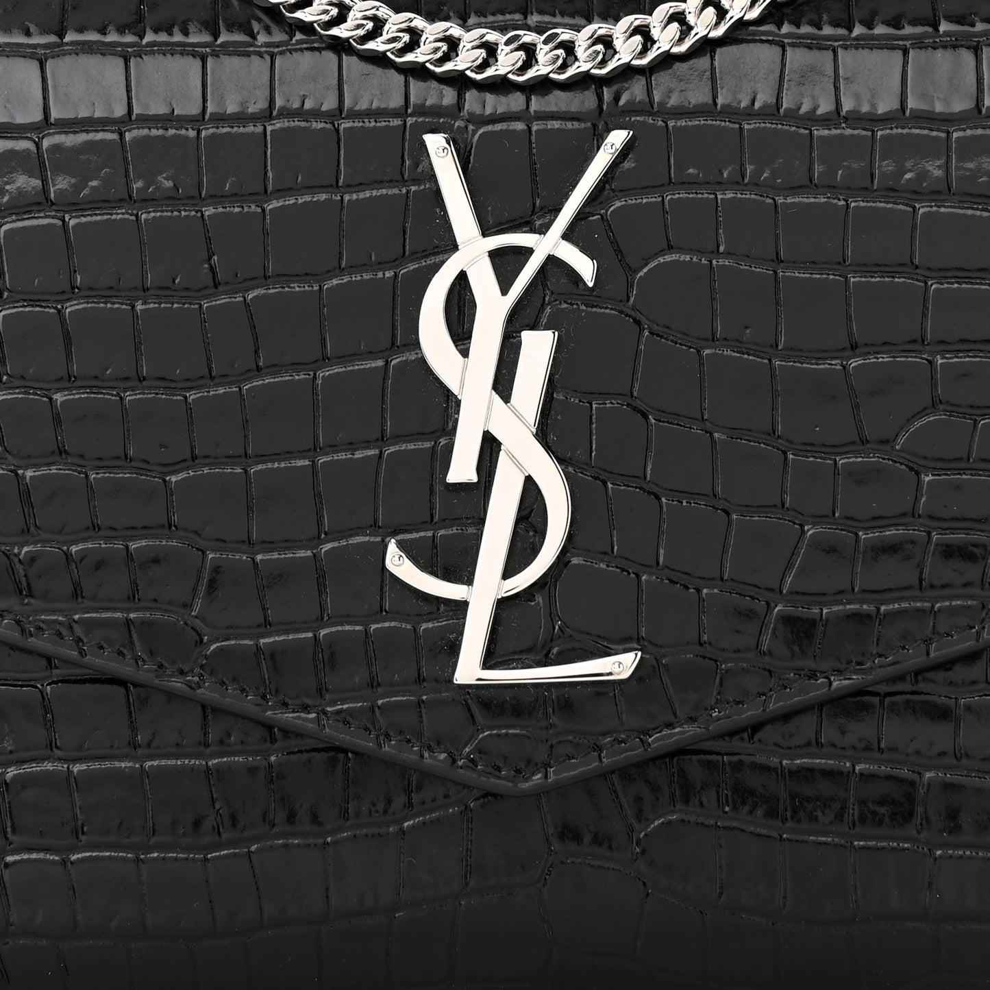 Calfskin Crocodile Embossed Monogram Uptown Chain Wallet Black