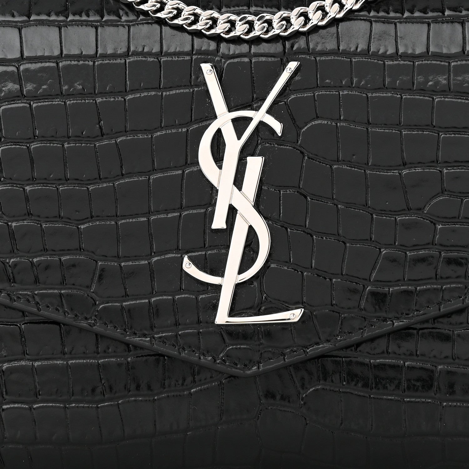 Saint Laurent Calfskin Crocodile Embossed Monogram Uptown Chain Wallet Black 9 of 12