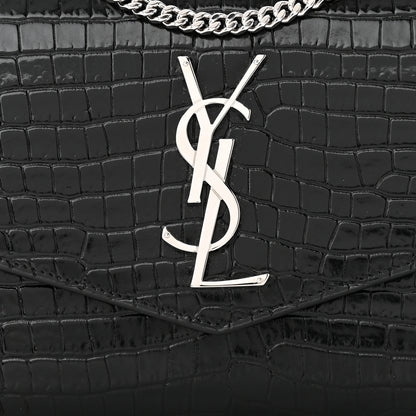 Saint Laurent Calfskin Crocodile Embossed Monogram Uptown Chain Wallet Black 9 of 12