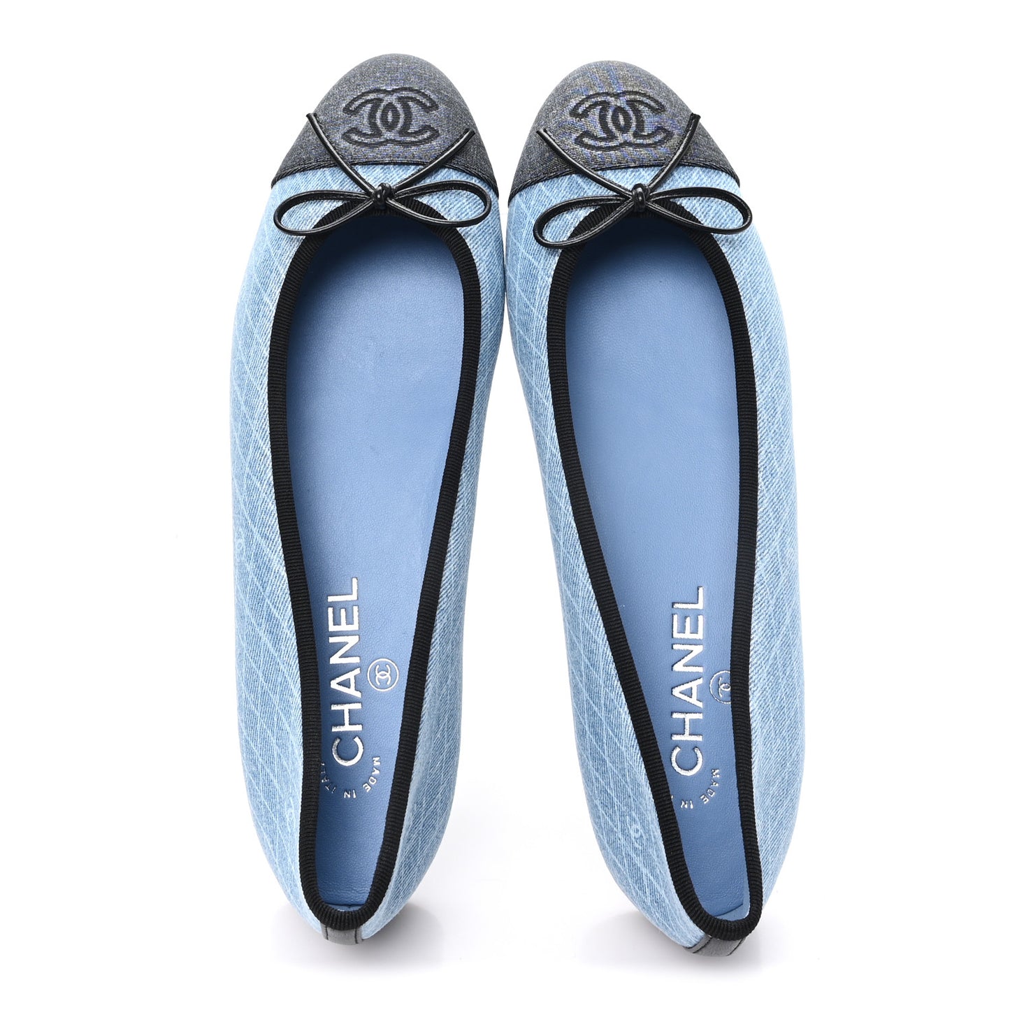 Denim Printed Quilt CC Cap Toe Ballerina Flats 40 Light Blue Dark Grey