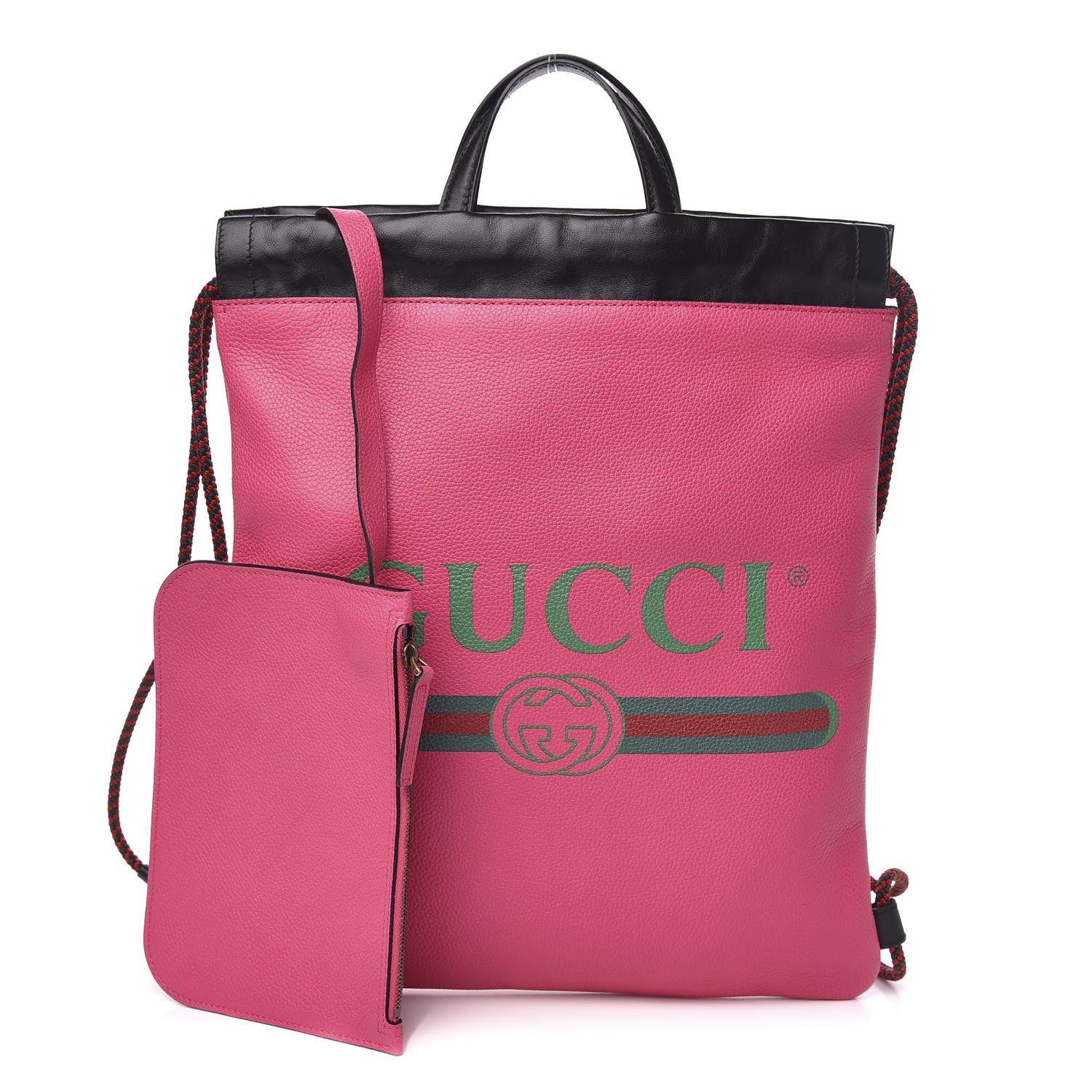 Gucci Grained Calfskin Logo Drawstring Backpack Box Pink Green Black 1 of 10