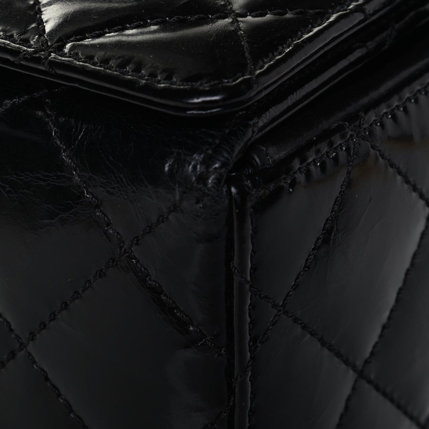 Glazed Calfskin Quilted Cosmetic Top Handle Case Black