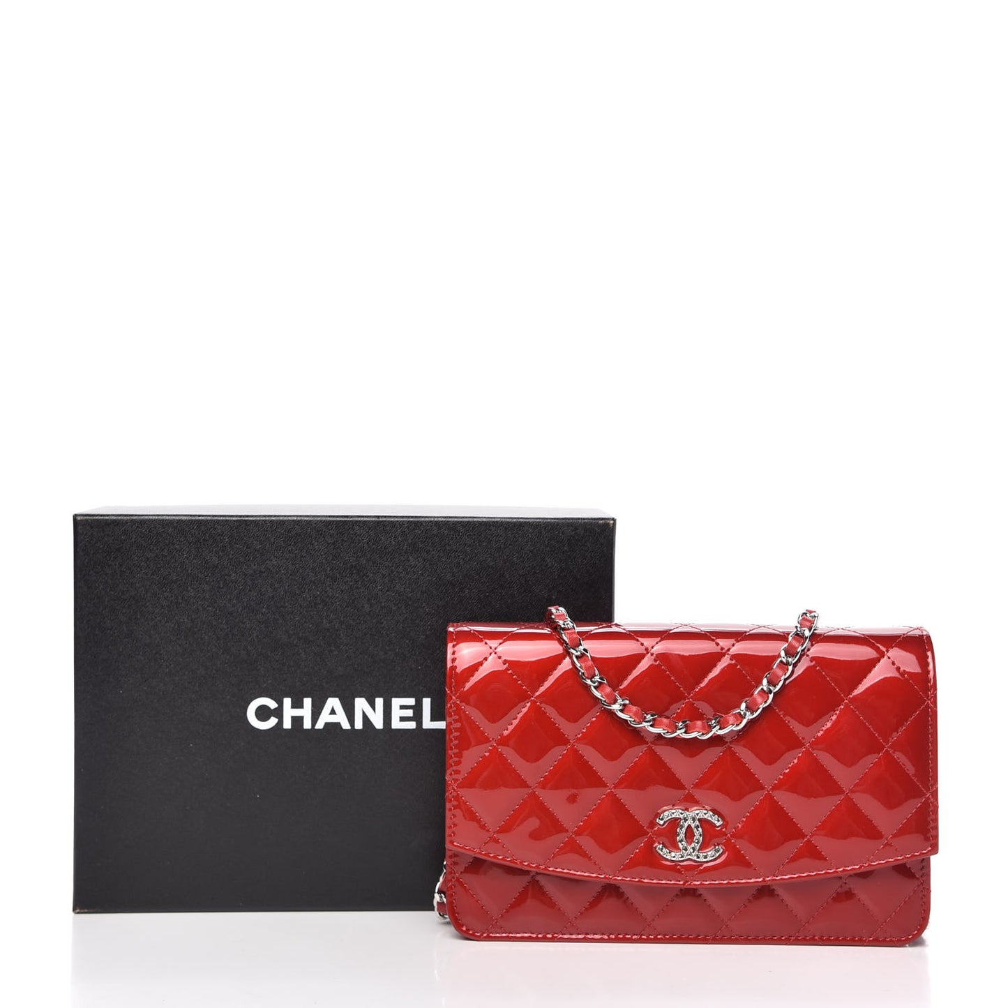 Patent Quilted Brilliant Wallet On Chain WOC Red