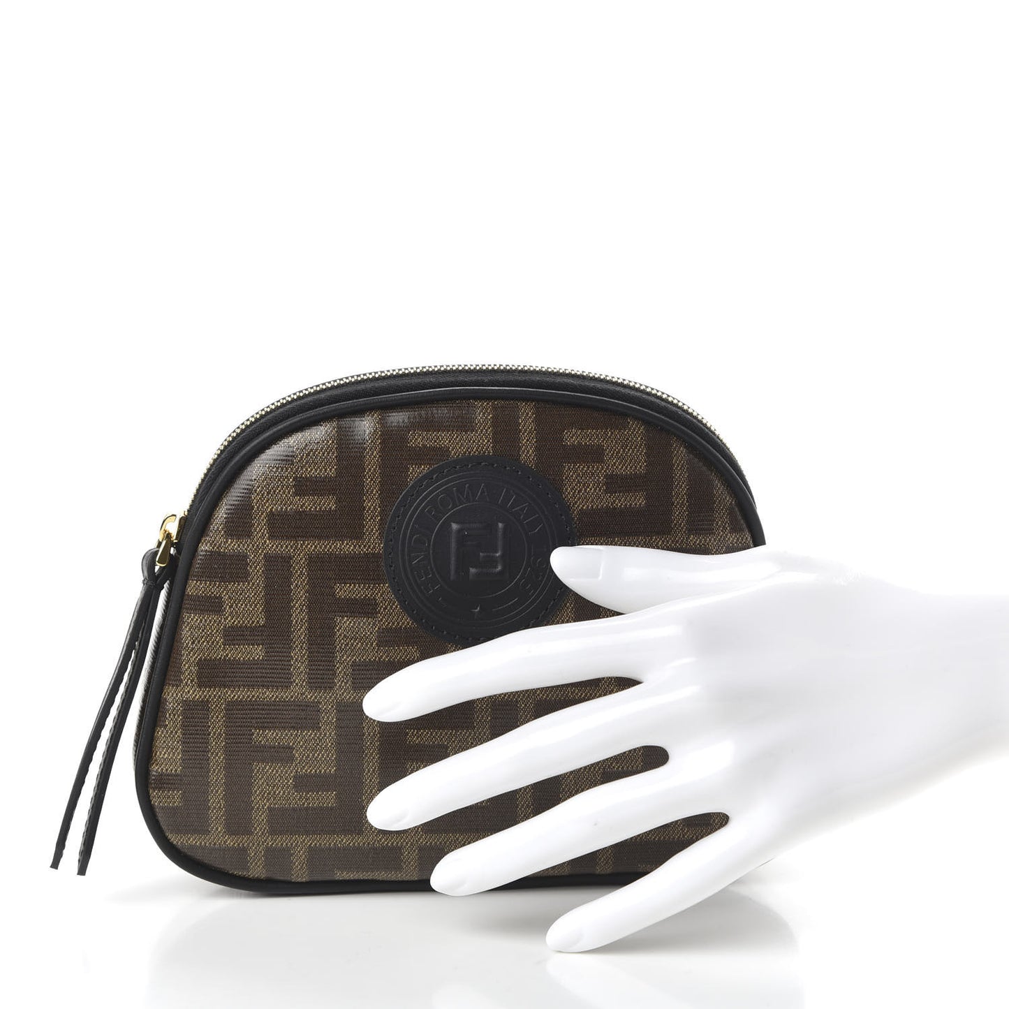 Glazed Fabric Vitello Century FF 1974 Stamp Patch Medium Cosmetic Case Mogano Panna Black