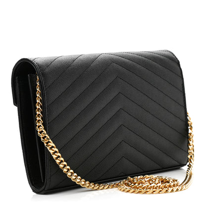 Saint Laurent Grain De Poudre Matelasse Chevron Monogram Chain Wallet Black 3 of 10
