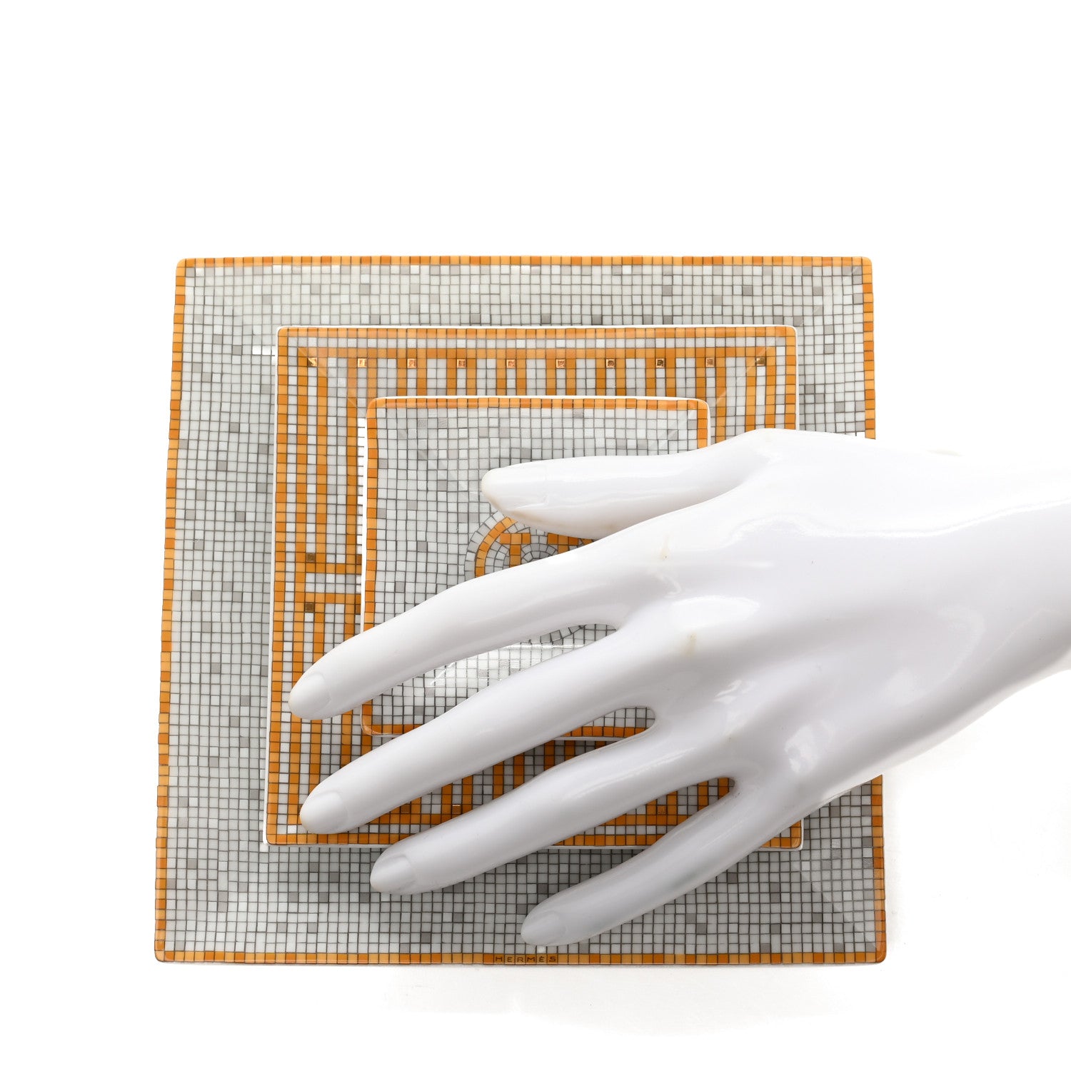 Hermes Porcelain Mosaique Au 24 Set of 3 Square Plates Gold 2 of 14
