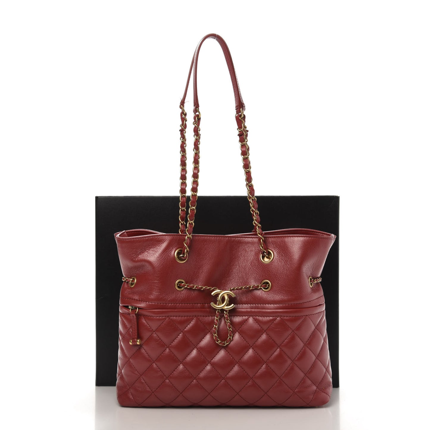 Aged Calfskin Quilted Drawstring Shopping Tote Red