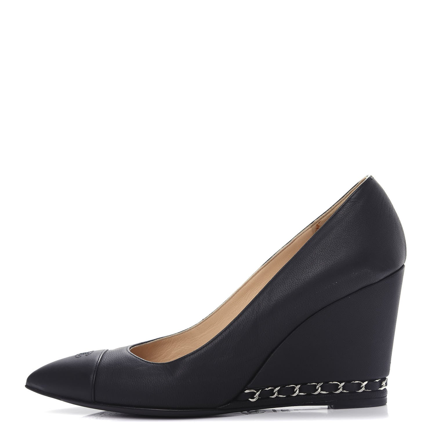 Chanel Lambskin Patent Cap Toe Wedges 37.5 Black 1 of 10