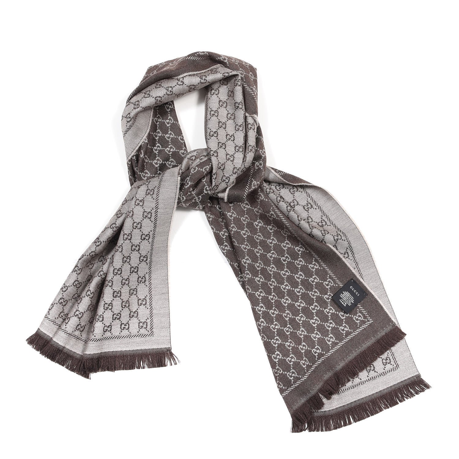 Gucci Wool GG Monogram Reversible New Sten Fringe Scarf Beige Dark Brown 1 of 4
