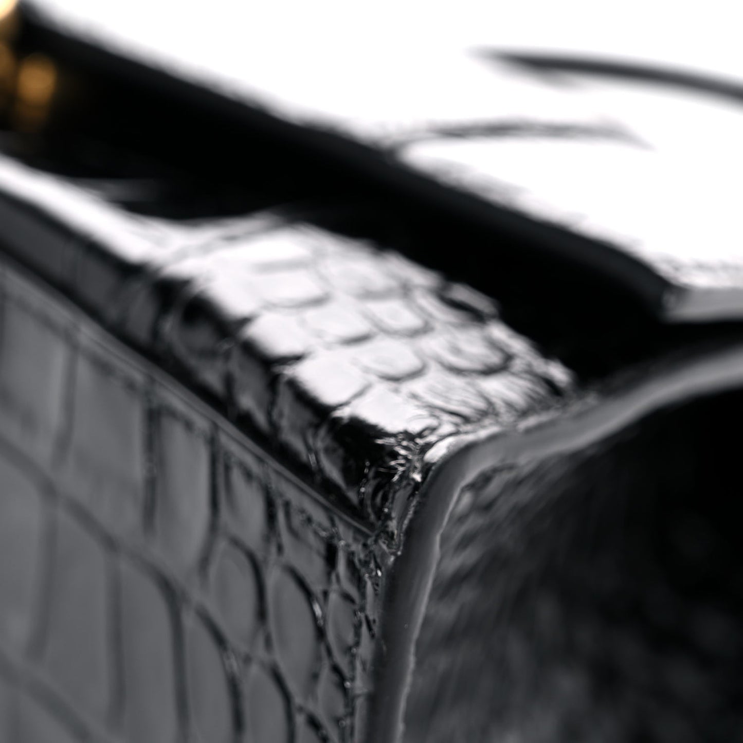 Shiny Calfskin Crocodile Embossed Small Hourglass Top Handle Bag Black