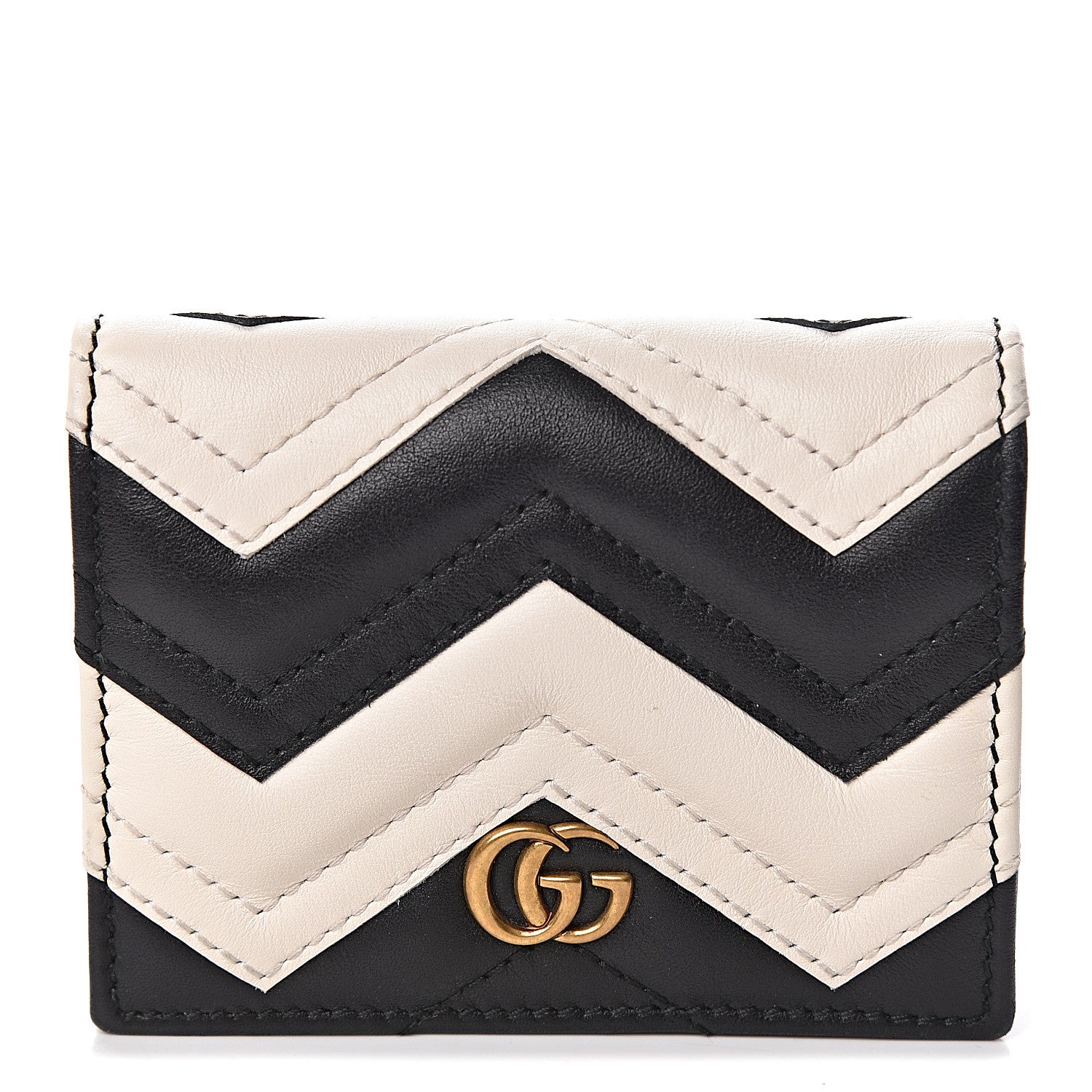Gucci Calfskin Matelasse GG Marmont Card Case Wallet Black White 1 of 13