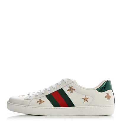 Gucci Calfskin Ayers Web Bee Star Embroidered Mens Ace Sneakers 10 White Green 1 of 14