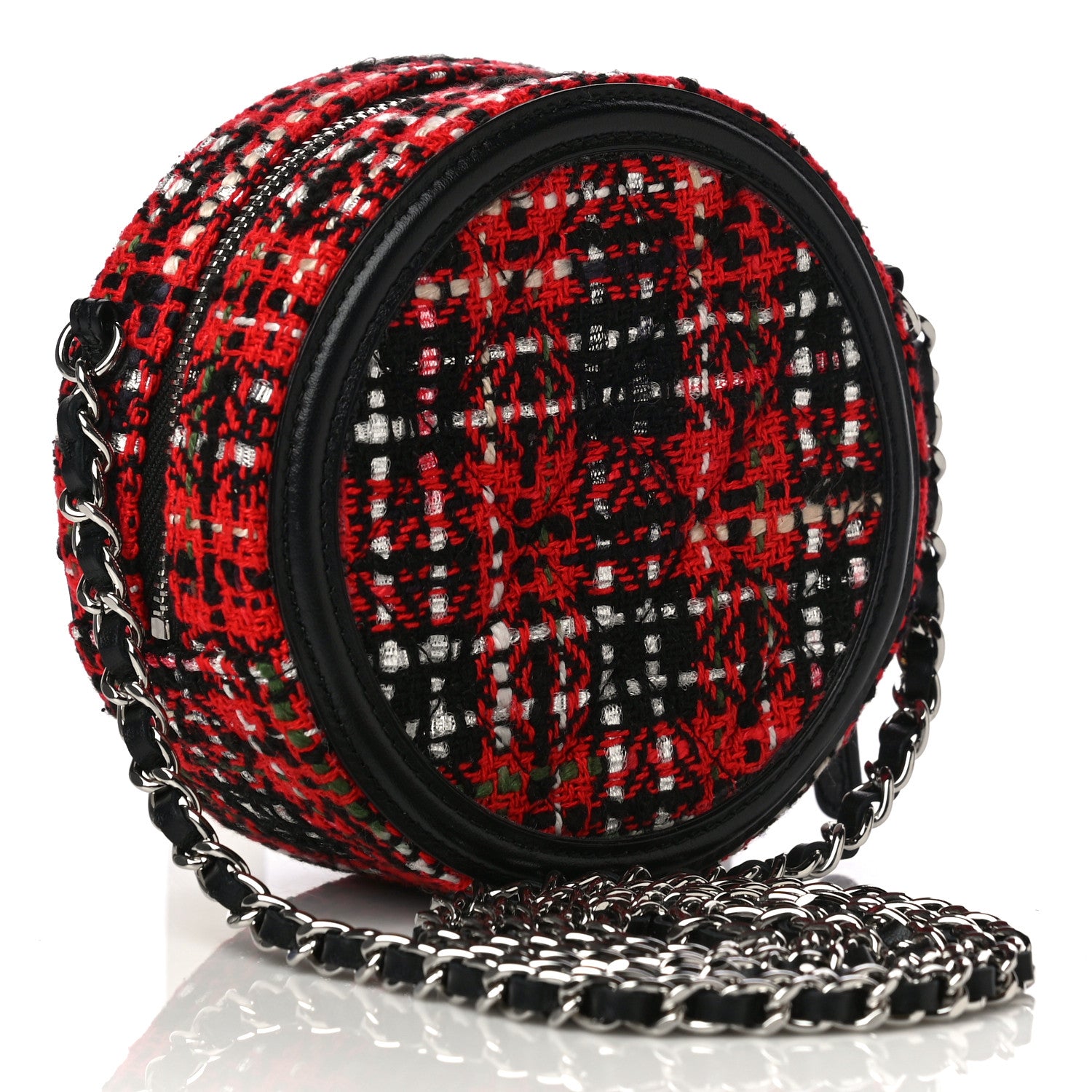 Chanel Tweed Quilted Round Filigree Clutch With Chain Red Black 4 of 13