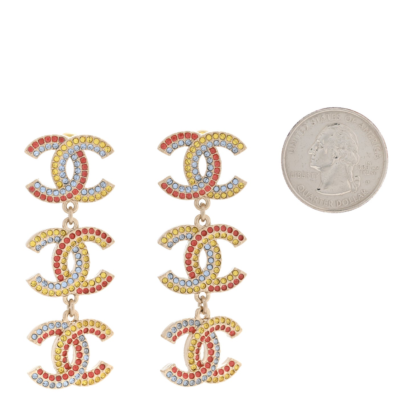 Metal Crystal CC Triple Drop Earrings Gold Multicolor