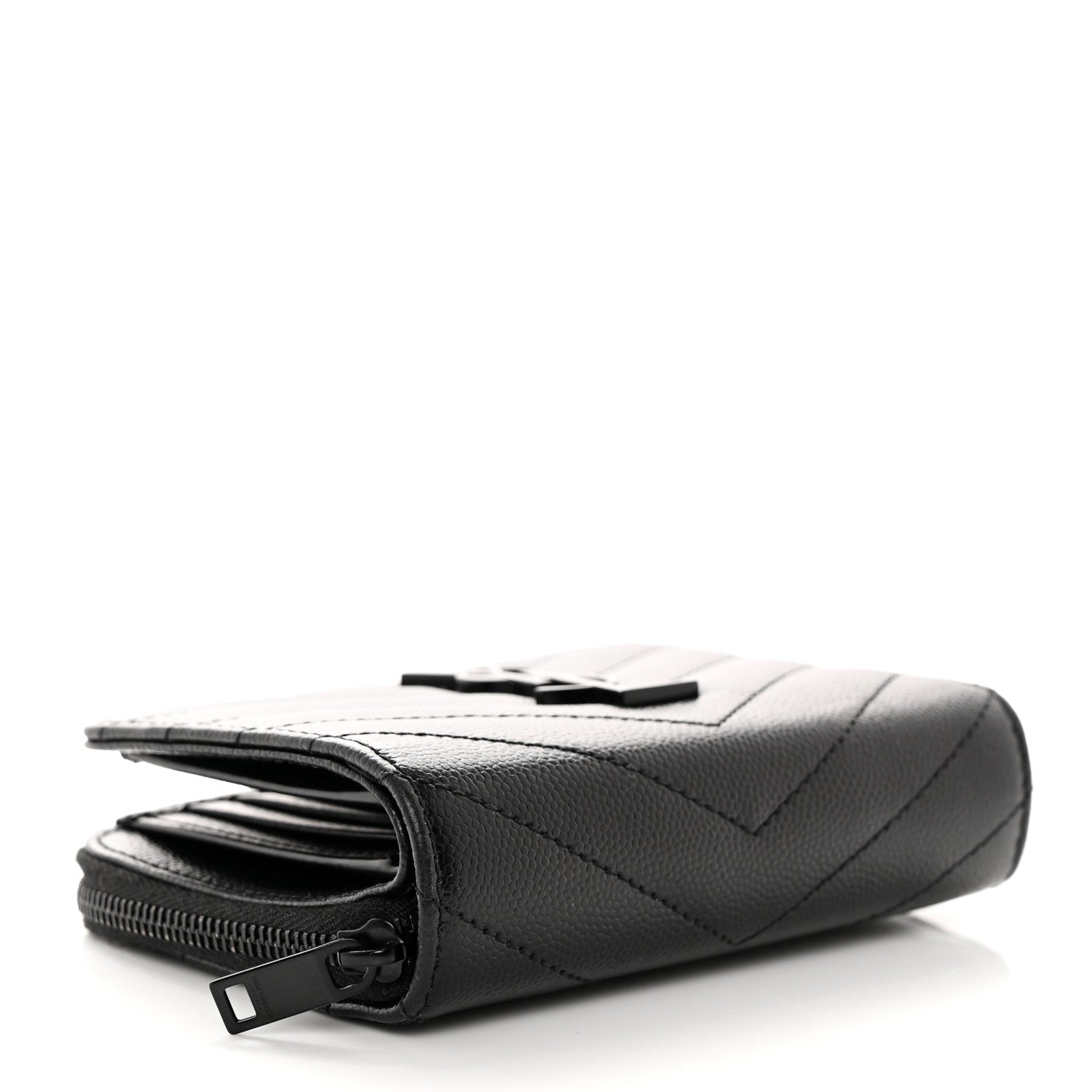 Saint Laurent Grain De Poudre Matelasse Chevron Monogram Monochrome Compact Zip Around Wallet Black 4 of 8
