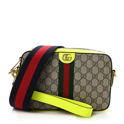 Gucci GG Supreme Monogram Textured Dollar Calfskin Web Ophidia Wristlet Shoulder Bag Beige Ebony Fluo Yellow 1 of 10