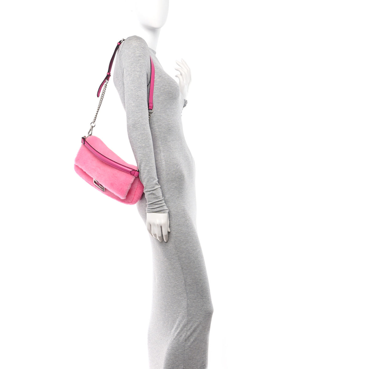 Fendi Shearling Shiny Nappa Baguette Rosa Fluo 2 of 9
