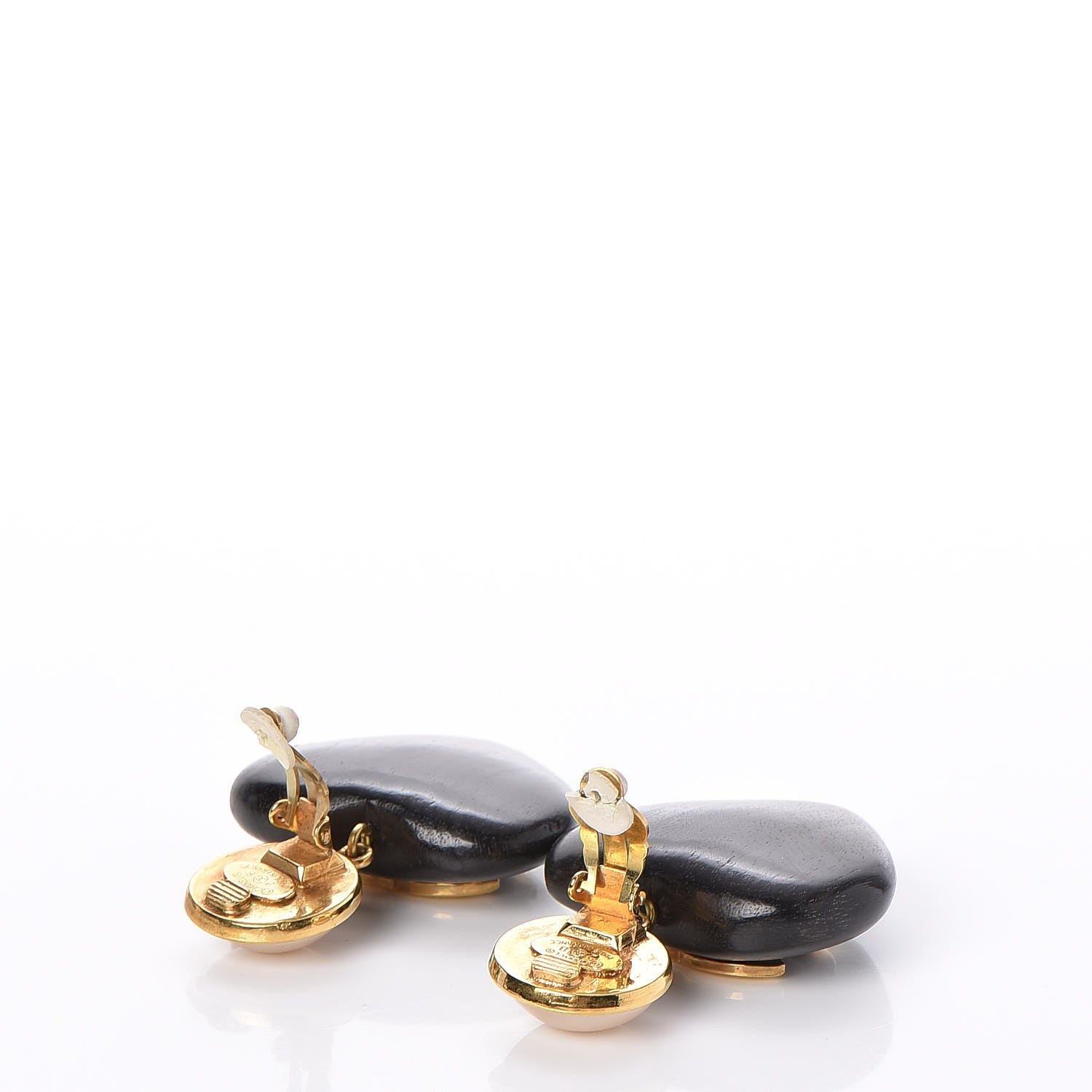 Chanel Wood Pearl CC Heart Drop Clip On Earrings Gold 3 of 5