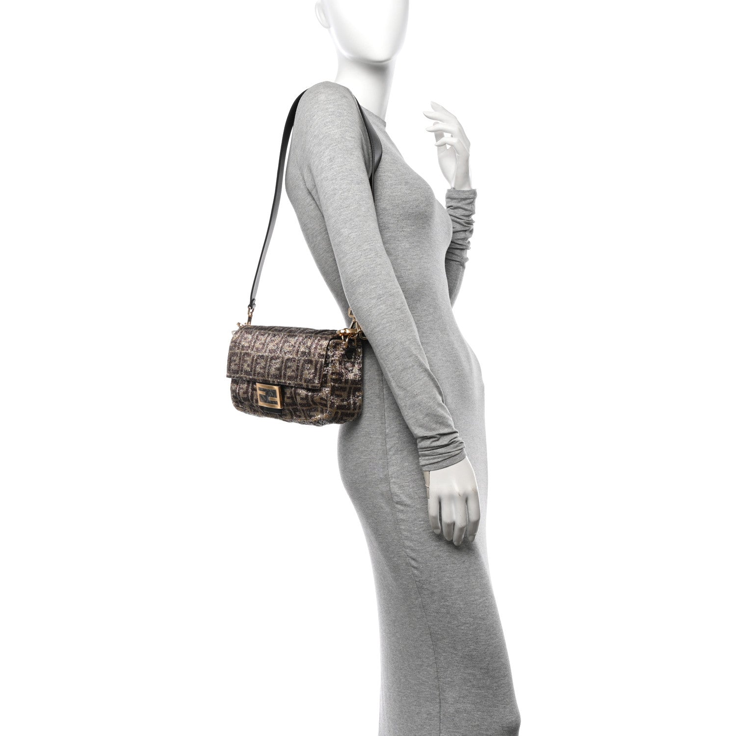 Fendi Vitello King Beaded Zucca Baguette Mogano Panna Ebano 2 of 9