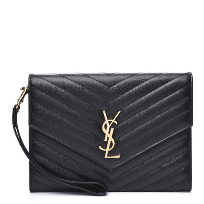 Saint Laurent Grain De Poudre Matelasse Chevron Monogram Envelope Clutch Black 1 of 10