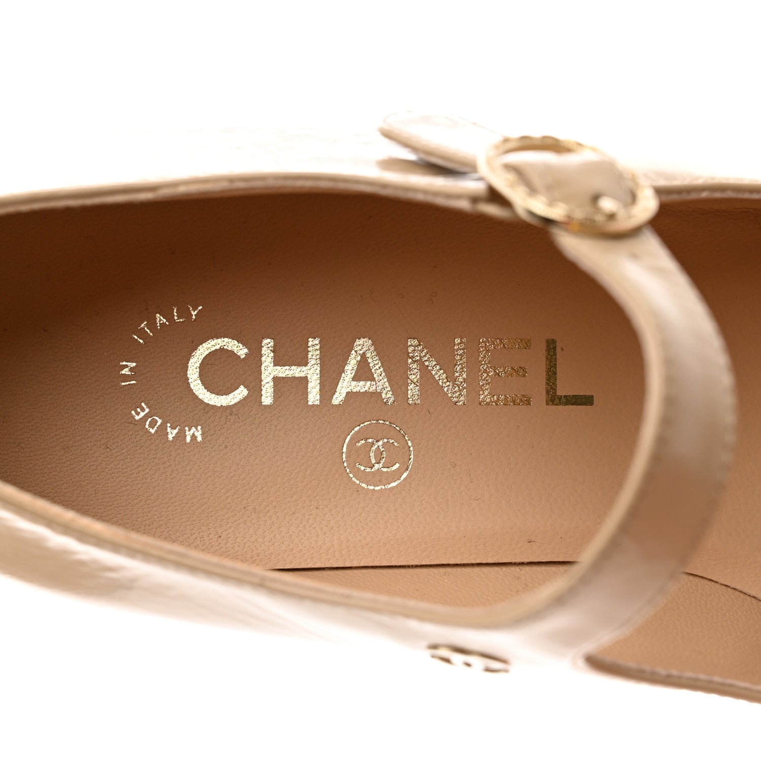 Chanel Shiny Calfskin Cap Toe Mary Jane Low Heel Strap Pumps 37 Beige Black 7 of 9