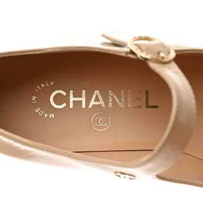 Chanel Shiny Calfskin Cap Toe Mary Jane Low Heel Strap Pumps 37 Beige Black 7 of 9