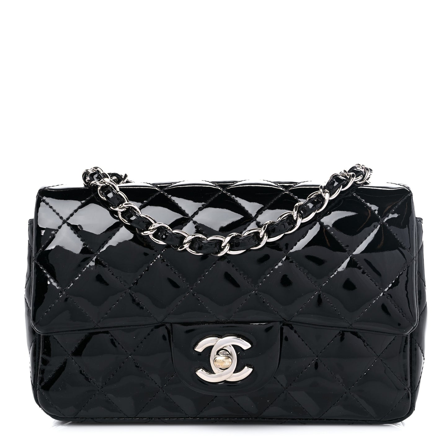 Patent Calfskin Quilted Mini Rectangular Flap Black