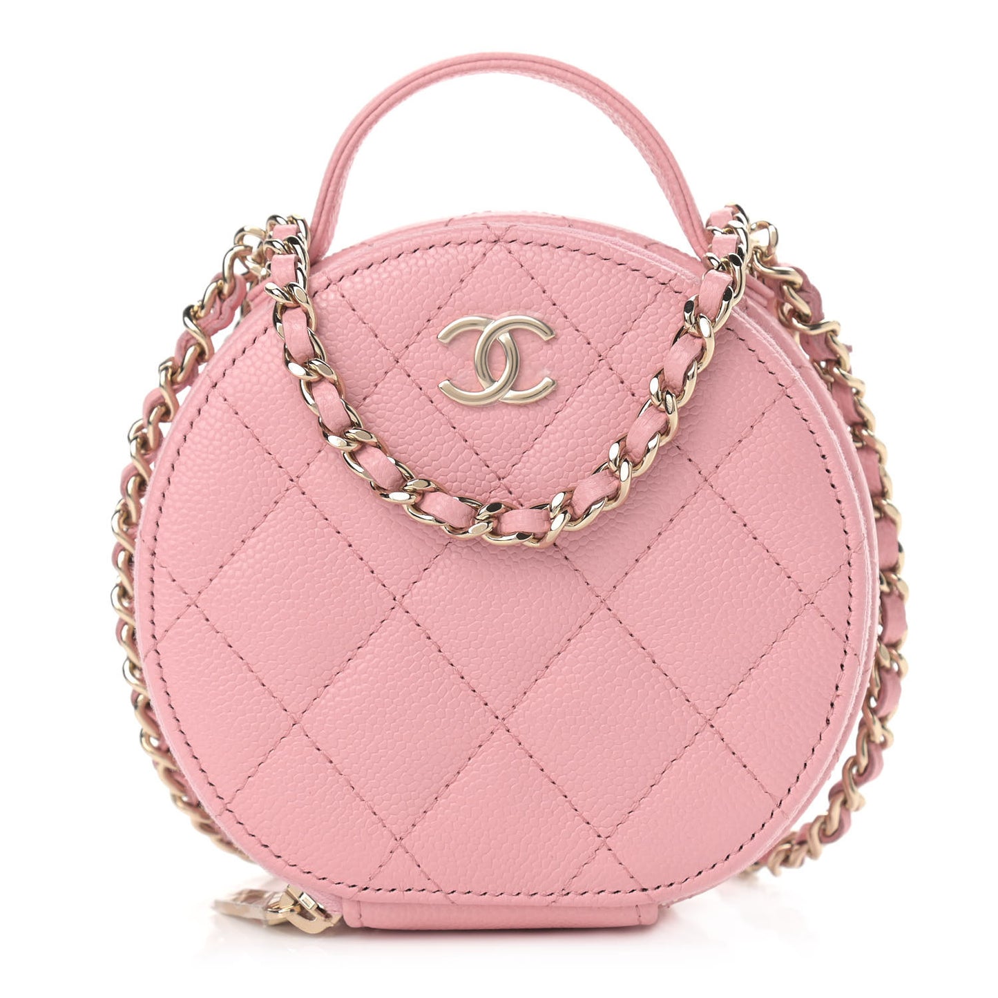 Caviar Quilted Round Handle With Care Vanity With Chain Pink