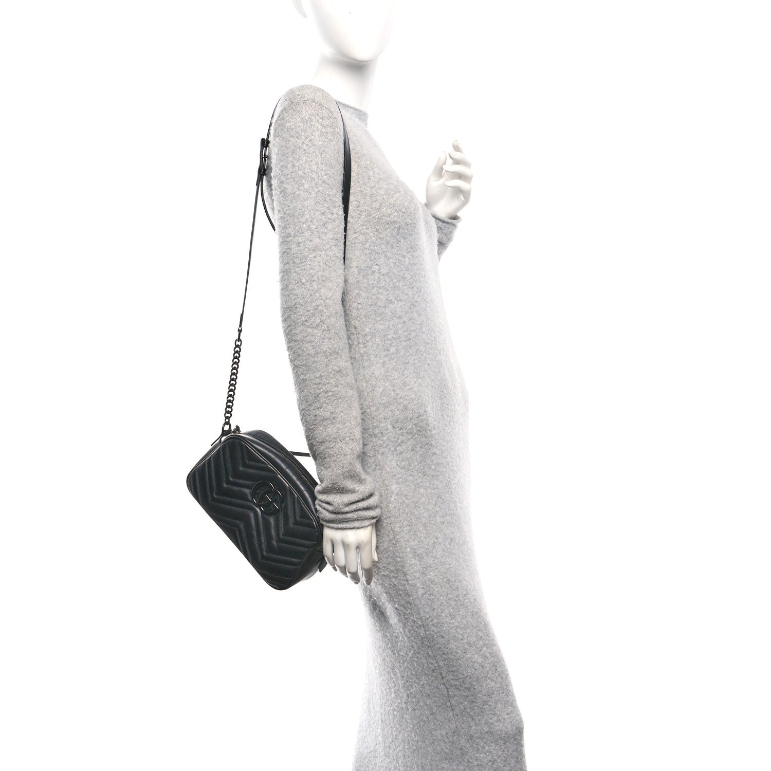 Gucci Calfskin Matelasse Monochrome Small GG Marmont Chain Shoulder Bag Black 2 of 10
