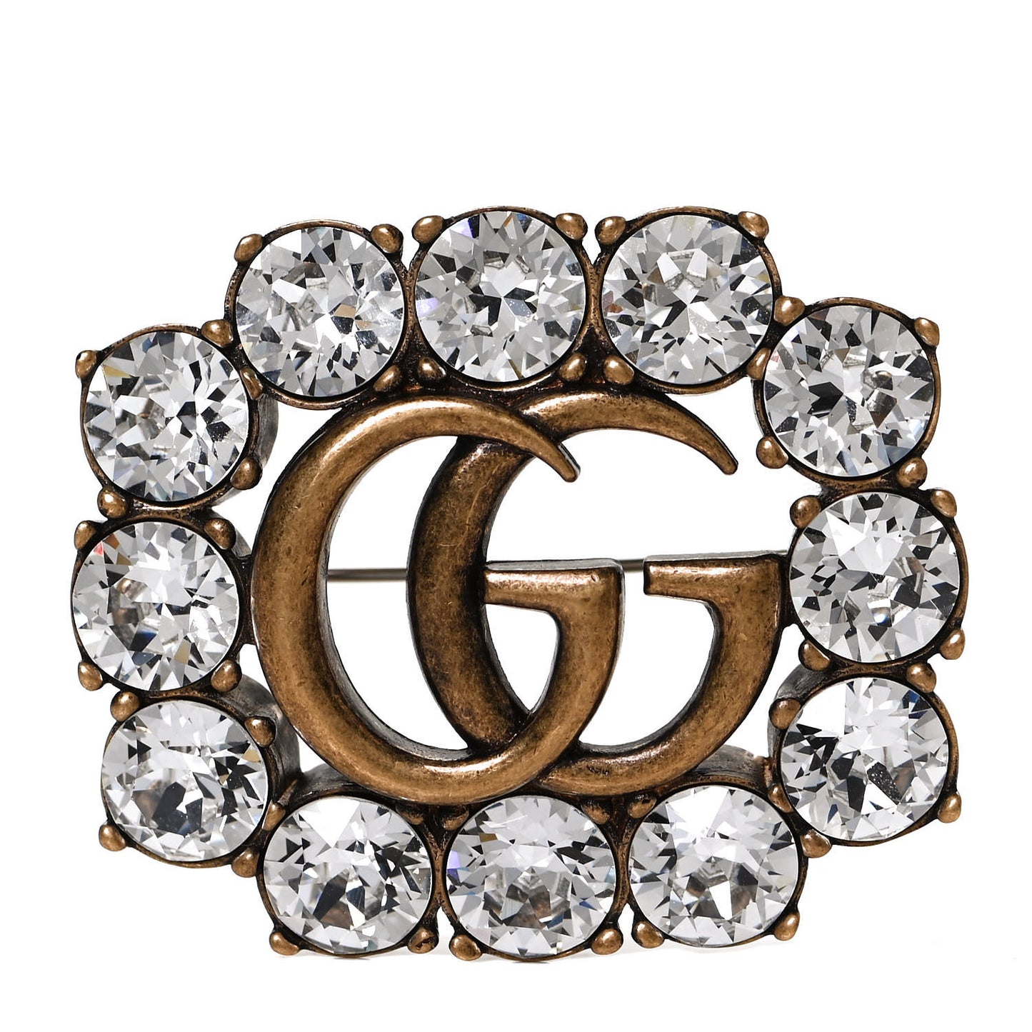 Metal Crystal Double G Brooch Aged Gold