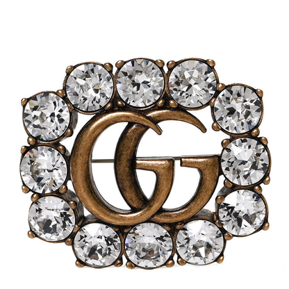 Gucci Metal Crystal Double G Brooch Aged Gold 1 of 6