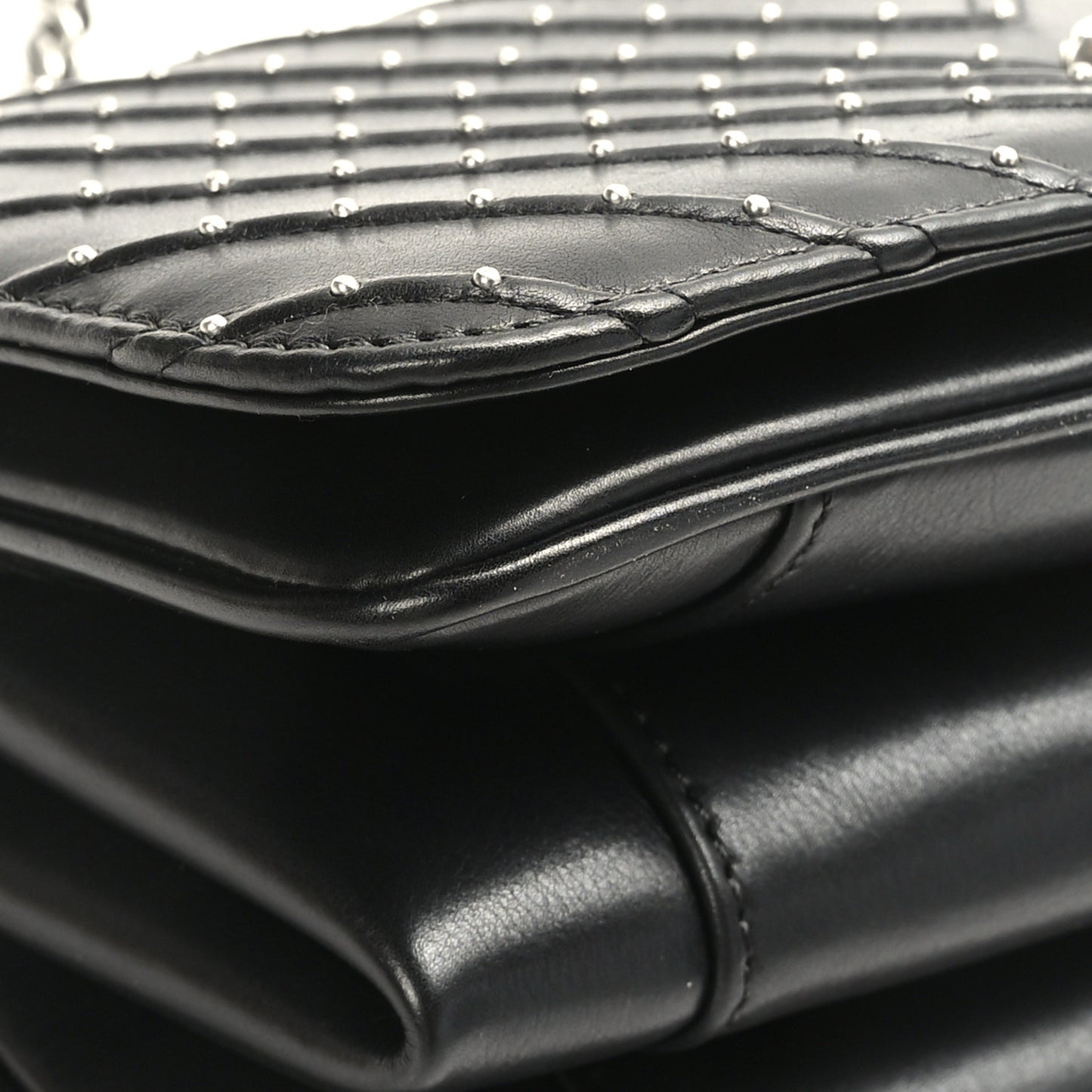 Calfskin Studded Chevron Quilted Flap Black
