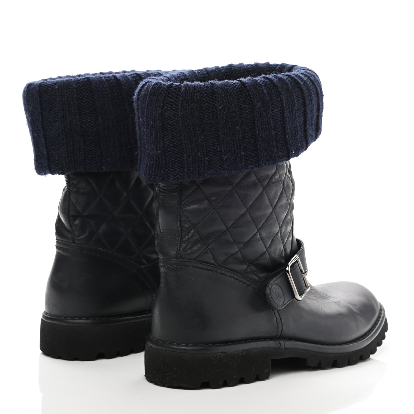 Knit Calfskin Quilted Short Biker Boots 40 Navy