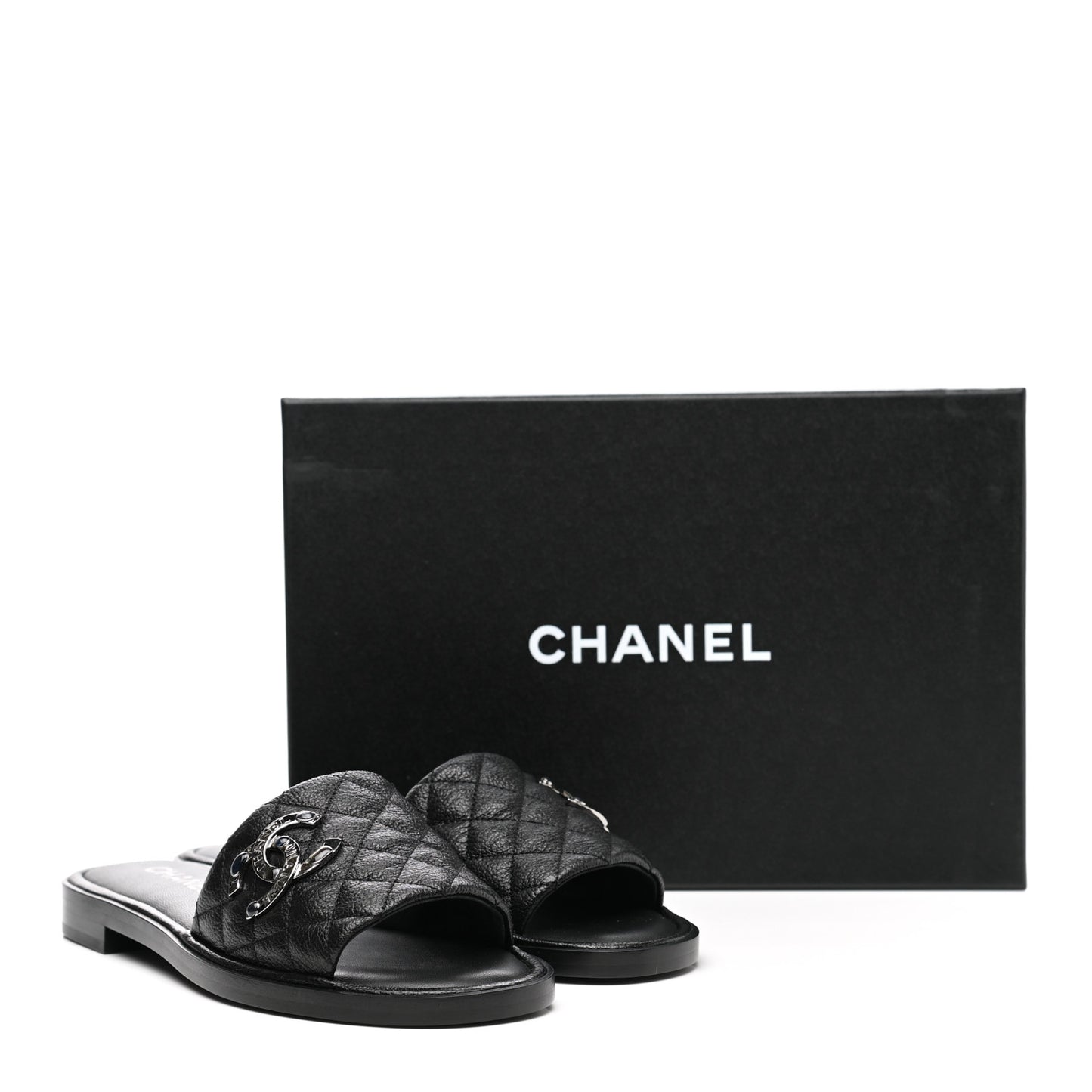 Shiny Goatskin Quilted CC Mules Sandals 39 Black