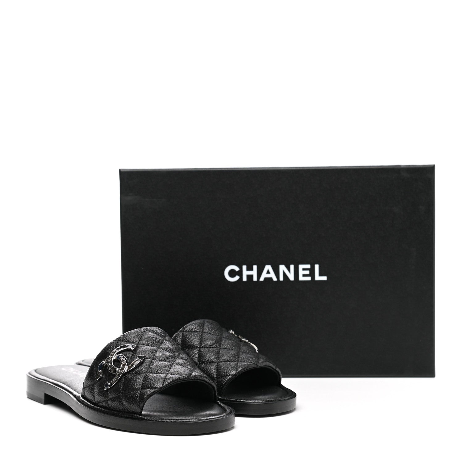 Chanel Shiny Goatskin Quilted CC Mules Sandals 39 Black 5 of 9