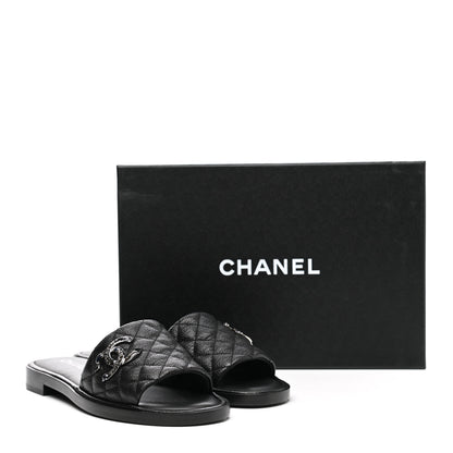 Chanel Shiny Goatskin Quilted CC Mules Sandals 39 Black 5 of 9