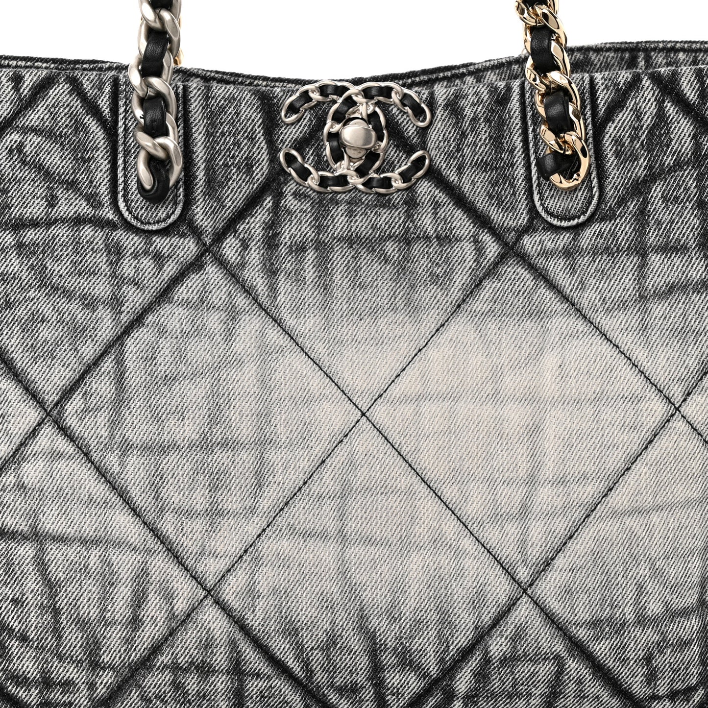 Washed Denim Quilted Chanel 19 East West Shopping Bag Black White