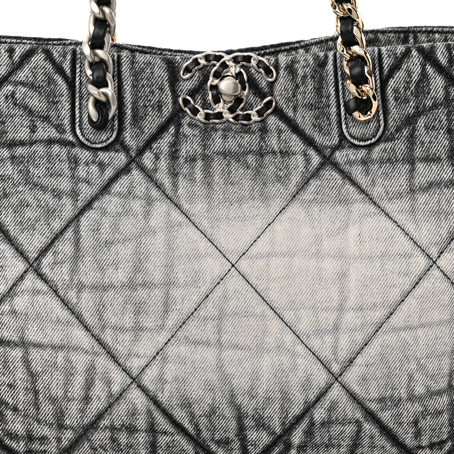 Chanel Washed Denim Quilted Chanel 19 East West Shopping Bag Black White 9 of 11