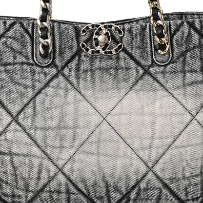 Chanel Washed Denim Quilted Chanel 19 East West Shopping Bag Black White 9 of 11