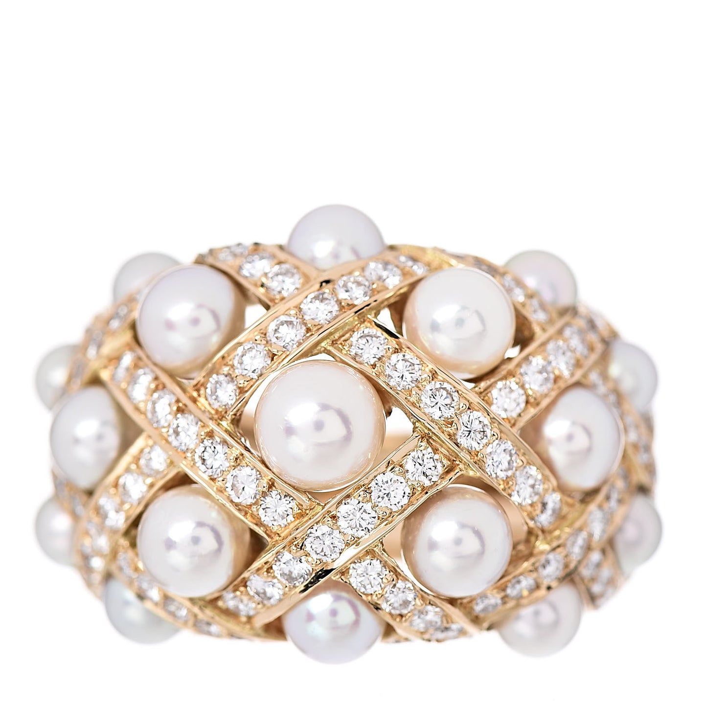 18K Yellow Gold Diamond Akoya Pearl Baroque Matelasse Ring 52 6